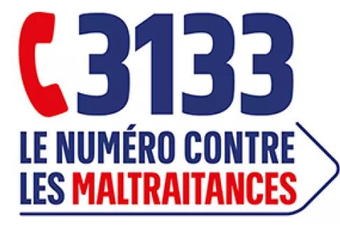 Logo du 3133, le numéro national contre les maltraitances, avec un combiné téléphonique rouge et le texte “3133 – le numéro contre les maltraitances