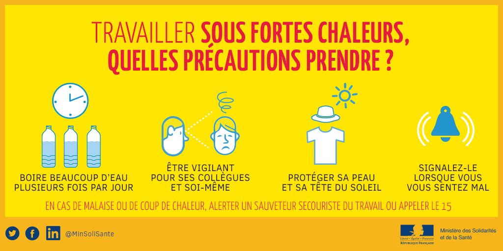 Travailler sous de forte chaleurs, quellesprécautions prendre ? Boire beaoucoup d'eau plusieur fois par jour, être vigilant pour ses collègues et soi même, protéger sa peau et sa tête du soleil, signalez-le lorsque vous vous sentez mal   