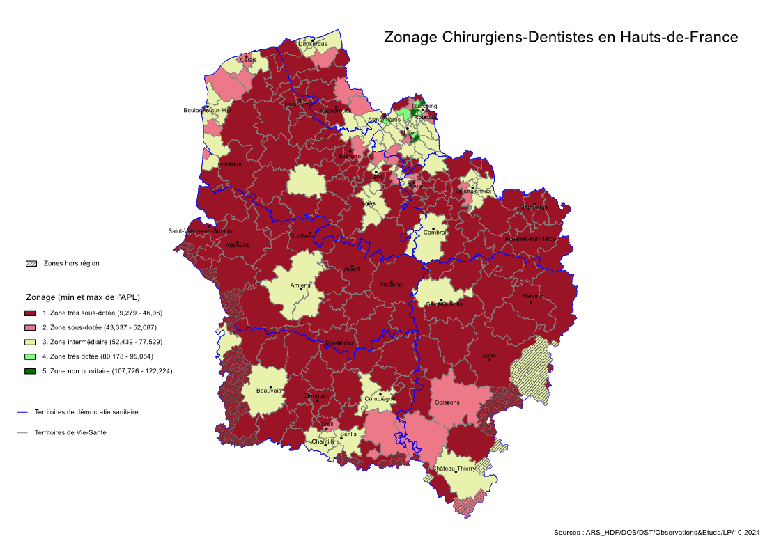 zonage chirurgiens dentistes en Hauts-de-France (octobre 2024)