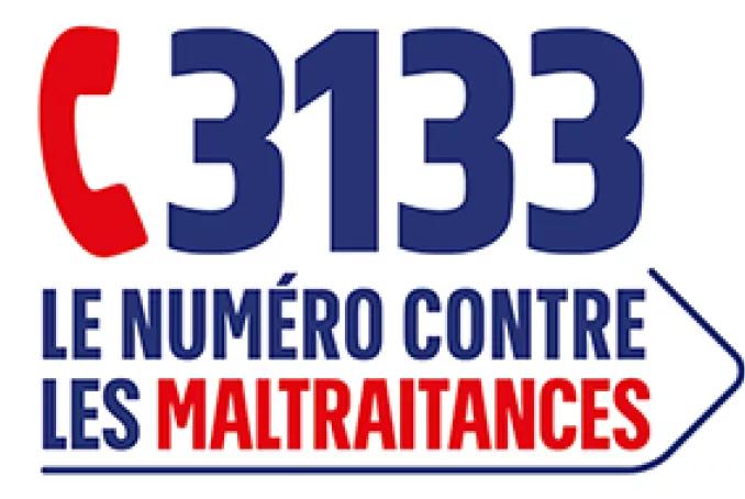 Logo du 3133, le numéro national contre les maltraitances, avec un combiné téléphonique rouge et le texte “3133 – le numéro contre les maltraitances