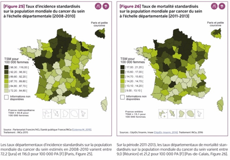 2 cartes taux de mortalité sur la pop mondiale par cancer du sein à échelle départementale de 2008 à 2013