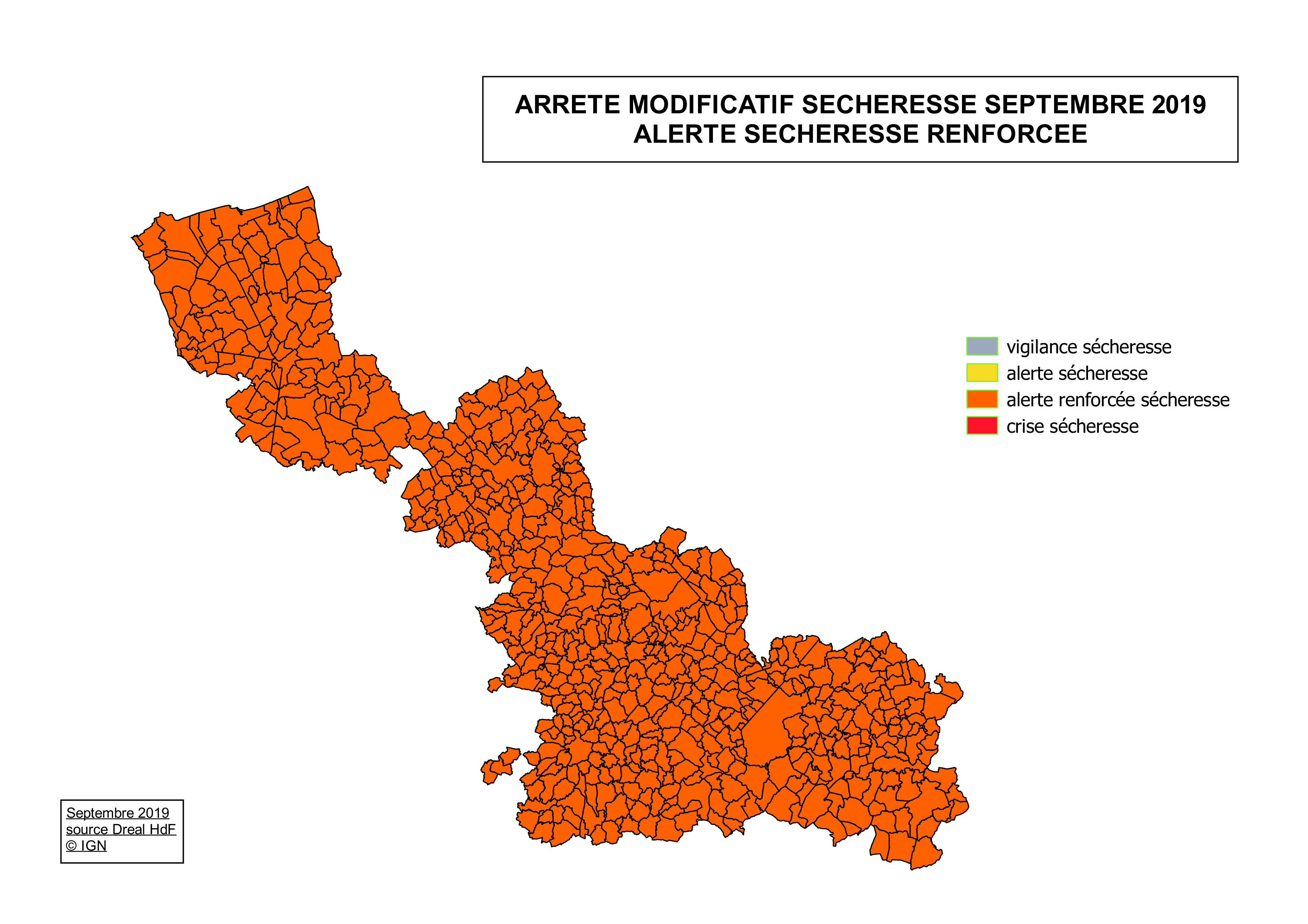répartition de communes du 59 en alerte sécheresse renforcée _ sept 2019