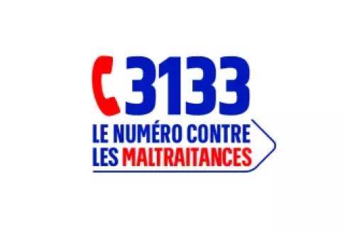 Logo du 3133, le numéro national contre les maltraitances, avec un combiné téléphonique rouge et le texte “3133 – le numéro contre les maltraitances