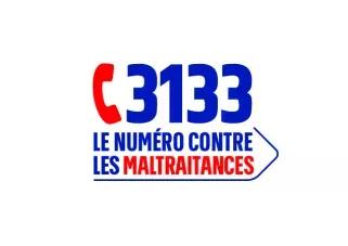 Logo du 3133, le numéro national contre les maltraitances, avec un combiné téléphonique rouge et le texte “3133 – le numéro contre les maltraitances
