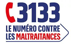 Logo du 3133, le numéro national contre les maltraitances, avec un combiné téléphonique rouge et le texte “3133 – le numéro contre les maltraitances