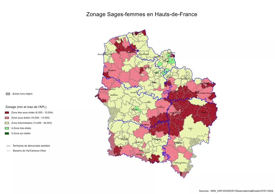 carte du zonage des sages-femmes en Hauts-de-France