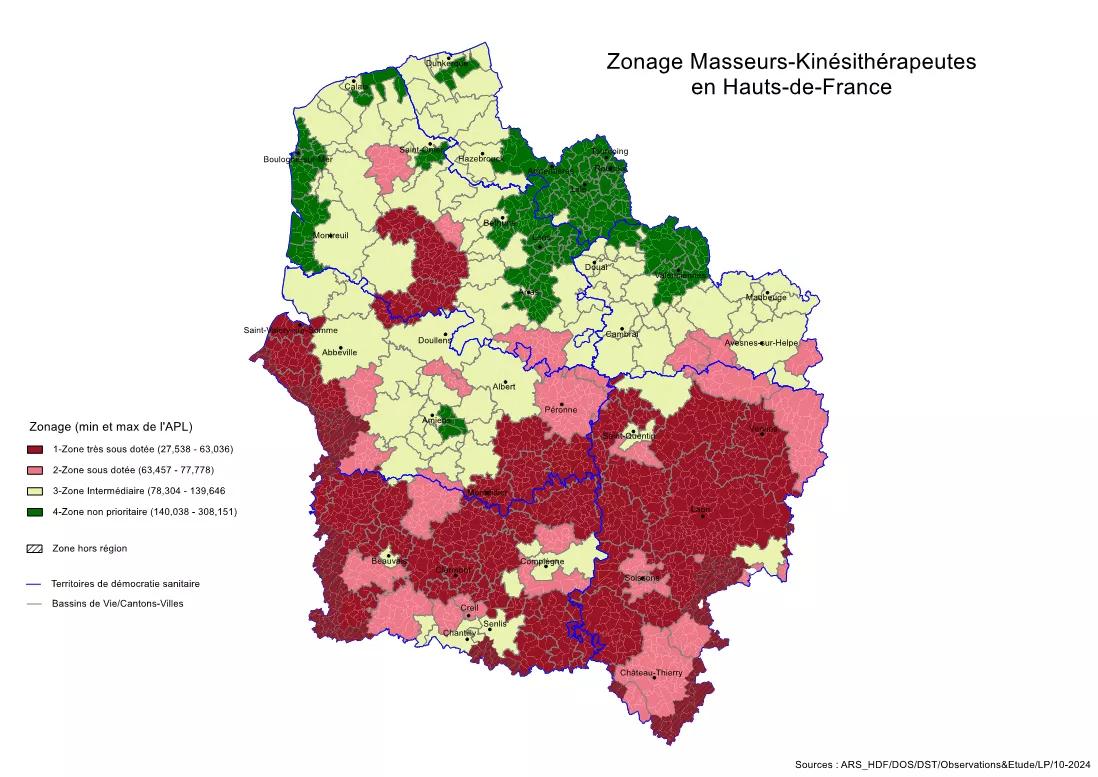 carte du zonage de Masseur Kiné dans les Hauts de France MAJ 10 2024